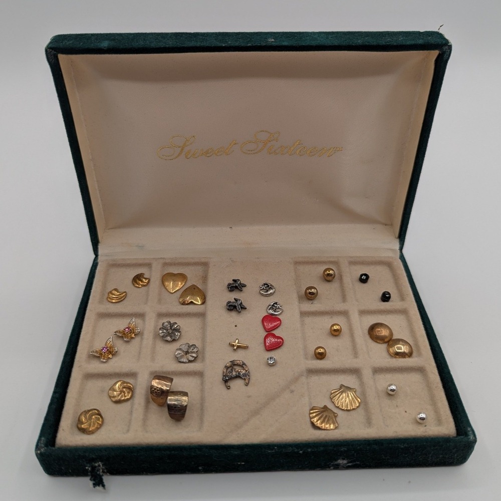 Vintage Sweet Sixteen Earring Set Gold Silver Tone Heart Butterfly Studs Box Lot